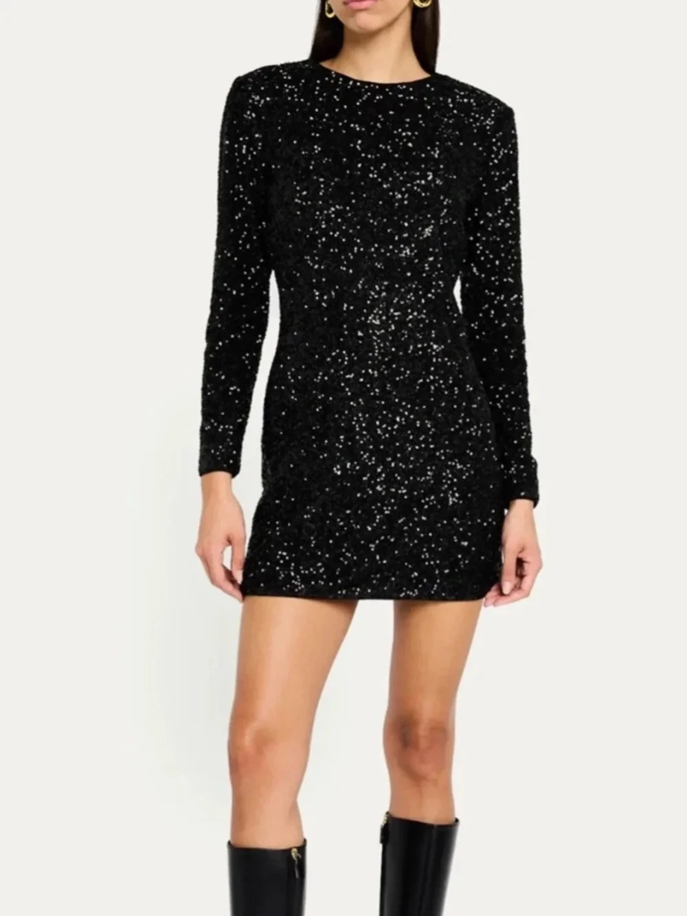 NWT Frame Sequin Mini Embellished Fitted Dress Black Long Sleeve Size S $798